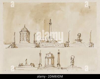 Design for a Table Centerpiece, Giuseppe Barberi, italienisch, 1746–1809, Feder und braune Tusche, Pinsel und braune Wäsche auf liniertem, cremefarbenem Papier, 'resser', Tischmittelstück für die Familie Altieri., Rom, Italien, 1790-1795, Metallarbeiten, Zeichnung Stockfoto