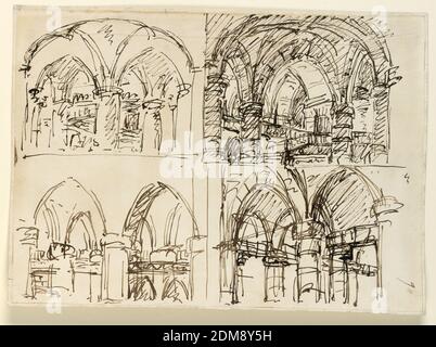 Bühnenbild: Details gotischer Interieurs, Giuseppe Barberi, italienisch, 1746–1809, Feder und braune Tusche auf liniertem, cremefarbenem Büttenpapier, vier Zeichnungen mit architektonischen Details gotischer Interieurs, grob skizziert., Italien, Anfang des 19. Jahrhunderts, Theater, Zeichnung Stockfoto