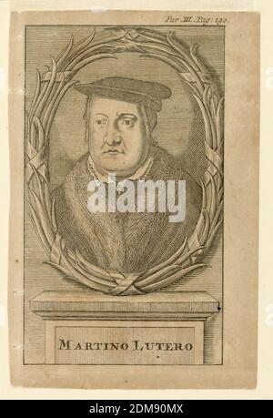 Porträt Martin Luthers (1483-1546), Gravur auf Papier, Büstelportrait in Frontalansicht. Luther trägt einen Hut und einen Mantel mit einem Pelzkragen. Das Porträt ist in einem ovalen Rahmen aus Palmblättern zusammengesetzt und mit Bändern gebunden. Es steht auf einem kleinen eingeschriebenen Sockel., Italien, ca. 1725-1750, Drucken Stockfoto