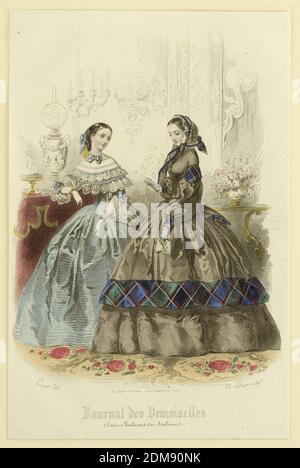 Fashion Plate von Journal des demoiselles, A. Pauquet, französisch, aktiv 19. jh., A. Portier, französisch, aktiv 19. jh., Gilguin & Dupain, französisch, aktiv 19. jh., handkolorierte Gravur auf Papier, Fashion Plate von Journal des demoiselles., Paris, Frankreich, ca. 1860, Drucken Stockfoto