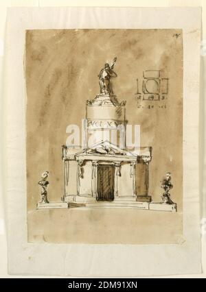 Denkmal von König Ludwig XVI. Von Frankreich, Giuseppe Barberi, Italienisch, 1746–1809, Feder und braune Tinte, Pinsel und braune Wäsche auf ausgekleidetem, weiß gekleidetem Papier, EINE Variation von 1938-88-1303, ohne Dachboden oder Sockel des Sockels. Der Sockel der Front wird von vier Säulen getragen. Oben rechts ist der Plan, mit Abmessungen: Ein Kreis ist in ein Quadrat eingeschrieben, mit der Größe 14. Die vorstehenden Querarme mit der Breite 14 haben eine Länge von 3., Rom, Italien, ca. 1795, Architektur, Zeichnung Stockfoto