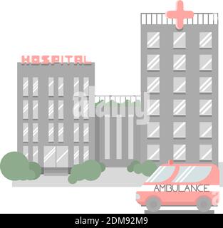 Krankenhausgebäude mit Ambulanz in minimalistischem flachem Stil. Stock Vektor