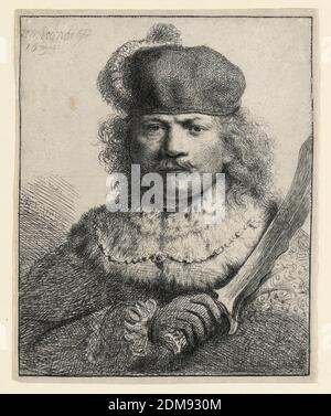 Rembrandt mit erhöhtem Säbel, Rembrandt Harmensz van Rijn, Niederländisch, 1606–1669, Radierung auf Büste, EIN büstenlanges Selbstporträt des Künstlers, dem Betrachter gegenüber. Die Figur wird leicht nach links gedreht. Er trägt eine Mütze, einen Mantel mit Pelzkragen und hält in seiner sichtbaren rechten Hand einen hochgelobten Säbel. Ein Teil des oberen Teils der Säbelklinge wird durch die Rahmenlinie abgeschnitten., 1634, Abbildungen, Druck Stockfoto