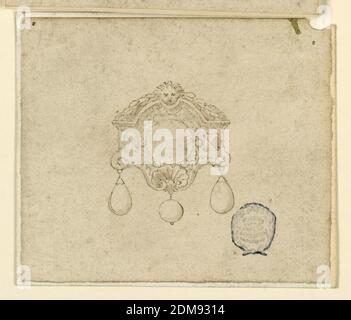 Design für Brosche mit Edelsteinen und hängenden Diamanten, Stift und Tinte, Pinsel und Sepia auf Papier, EIN großer runder Diamant, umgeben von sechs kleinen und zwei quadratischen Edelsteinen. Oben eine Maske und ein Festoon. Unten eine Schale und drei Tropfen., Italien, 16. Jahrhundert, Schmuck, Zeichnung Stockfoto