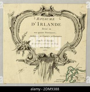 Royaume d'Irelande, Elisabeth Haussard, Etching, Escutcheon mit dem Titel der Landkarte von Irland in 'Atlas Universel' von Robert de Vaugondy, Paris, 1757. Die linke obere Ecke der Karte. Escucheon steht auf einem Sockel, von dem Wasser in der Mitte fließt., Europa und USA, 1750, Print Stockfoto