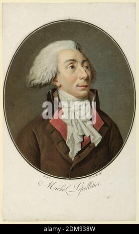 Porträt von Louis Michel Le peletier de Saint-Fargeau, Pierre-Michel Alix, französisch, 1762 - 1817, Jean-François Garneray, französisch, 1755 - 1837, farbiger Stich, möglicherweise Aquatinta auf Papier, in einem ovalen Rahmen ist das Büsteporträt der revolutionären Figur Louis Michel Le peletier de Saint-Fargeau (1760-1793), leicht nach rechts gedreht., Paris, Frankreich, ca. 1798-1815, Drucken Stockfoto