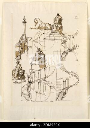 Denkmal, Säule und Wendeltreppe, Giuseppe Barberi, italienisch, 1746–1809, Feder und braune Tusche, Pinsel und braune Wäsche auf liniertem, cremefarbenem Büttenpapier, eine ähnliche Höhe wie in -1277 in der oberen Abbildung. Der linke Unterarm der Frau lehnt sich auf den Kopf des Löwen. Zwei ähnliche Gruppen sind in der linken Mitte dargestellt.eine der Frauen hält eine Lanze. Im Profil ist ein hockender Löwe dargestellt, der nach links gedreht ist, oben in der Mitte. Oben Mitte: Die Höhe einer monumentalen Säule, darunter ist ein Abschnitt einer Wendeltreppe, neben, auf der rechten Seite, seinen Plan. Zwei Skizzen beschäftigen sich mit der Reihenfolge zweier Spiralflüge Stockfoto