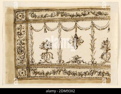 Design for an Embroidered frontal, Giuseppe Barberi, italienisch, 1746–1809, Feder und braune Tinte, Pinsel und braune Wäsche auf liniertem, cremefarbenem Papier, fünf-Sechstel-Darstellung. Die Garben sind oben mit den drapierenden Festounen, unten mit den Rollen verbunden, um drei Fächer zu bilden. Die seitlichen sind mit Pflanzen geschmückt, die zwischen den Rollen aufsteigen. In der Zentralplatte hängt ein Kreuz. Die Rahmenlinie ist in längliche und quadratische Ecken unterteilt. Farbiger Hintergrund., Rom, Italien, 1780-1790, Stickerei & Stitching, Zeichnung Stockfoto