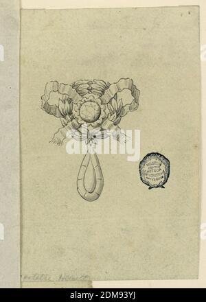 Design für Brosche, Stift und Tinte, Pinsel und Aquarell auf Papier, EINEN Lorbeerkranz, der mit einem Knoten umschlungt ist. In der Mitte ein runder Diamant. Hängender belowm ein tropfenförmiger Diamant., Italien, 1825–50, Schmuck, Zeichnung Stockfoto