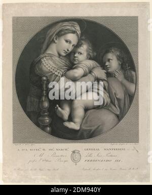 Die Madonna della Sedia, Raphael Morghen, 1758 – 1833, Raphael, (italienisch, 1483–1520), Gravur auf Papier, in einem Tondo erscheint Raphaels bekannte "Madonna des Stuhls" im Palazzo Pitti, Florenz., Florenz, Italien, Italien, ca. 1800-1820, Drucken Stockfoto