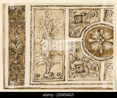 Design für eine gestickte Frontalseite, Giuseppe Barberi, italienisch, 1746–1809, Feder und braune Tinte, Pinsel und braune Wäsche auf ausgekleidetem, weiß gekleidetem Papier, mehr als die linke Hälfte ist abgebildet. In der Mitte ist ein kreisförmiges Medaillon mit einem Kreuz. Daneben sind sphärische Fünfecke, mit Rosetten in unregelmäßigen Vierecken in der Mitte der Rinceau-Palmetten. Außen sind: Ein länglicher mit Garben, die aus einem Kalix steigen, und ein Säulenstreifen mit einem Kerzenleuchter, der in seiner Mitte einen Rautenstein mit Rosette und Trauben hat. Der Streifen wird von Girlanden umrahmt; so ist der zentrale Teil, dessen Unterteilungen von Formteilen umrahmt werden Stockfoto