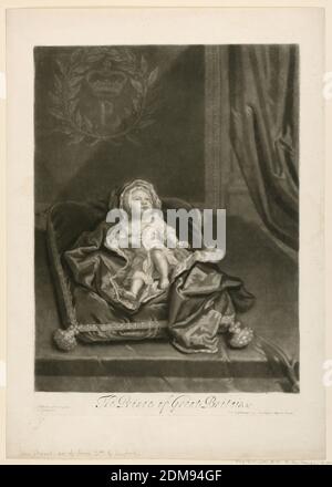 Porträt von James Stuart, dem Prinzen von Großbritannien &c, Sir Godfrey Kneller, deutsch, britisch, 1646 - 1723, John Smith, britisch, 1652 - 1743, Mezzotint in dunkelbrauner Tinte auf Papier, Prinz James Francis Edward Stuart (1688-1766), Sohn von James II, Wird als ein auf einem Samtkissen liegendes Baby dargestellt., England, ca. 1688, Porträts, Drucken Stockfoto