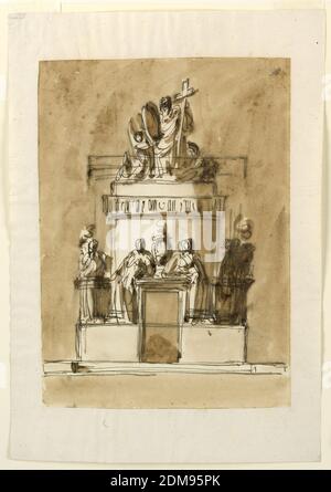 Entwurf für ein Sepulchral-Denkmal von König Ludwig XVI von Frankreich, Giuseppe Barberi, Italienisch, 1746–1809, Feder und braune Tinte, Pinsel und braune Wäsche, die Basis hat einige Stufen, mit kleinen seitlichen Teilen in Mauerwerk. Die Struktur hat eine längliche Socke und einen auflösenden oberen runden turmarmen Teil. An der Vorderseite ist ein Türrahmen, auf dessen Entablatur zwei Frauen - die linke ist vorne zu sehen, die rechte im Profil - neben einer Urne mit einer Flamme lehnen. Sie stehen auf dem Sockel. Entsprechend seitlich stehen Frauen neben einer ähnlichen Urne, die auf einer scheinbar Balustrade stehen. Stockfoto