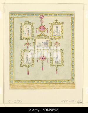 Design for Wall Decoration, Blue (South) Drawing Room, Royal Pavillion, Brighton, Frederick Crace, Englisch, 1779–1859, Pinsel und Aquarell über Graphit auf weißem Wove-Papier, Vertikales Rechteck. Design für den Royal Pavilion, Brighton. Eine Wandtafel mit fünf Gemälden chinesischer Szenen und Figuren, eingefasst in Gitterrahmen, vor einem neutralen blauen Hintergrund. Das gesamte Panel ist in einem Rahmen des geometrischen Designs enthalten., Original-Album mit dieser Sammlung verbunden ist noch vorhanden. Siehe 1948-40-1 Zubehör, England, 1815–22, Interiors, Drawing Stockfoto