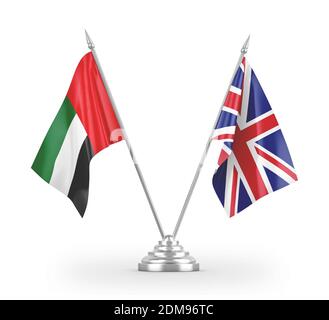 Vereinigtes Königreich und Vereinigte Arabische Emirate Tischflaggen isoliert auf Weiß Stockfoto