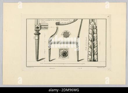 Geschnitzte Details für Sessel, Richard de Lalonde, französisch, aktiv 1780–96, Pierre Claude Delagardette, französisch, 1745 - 1792, Gravur auf Papier, Europa, Frankreich, 18. Jahrhundert, Print Stockfoto