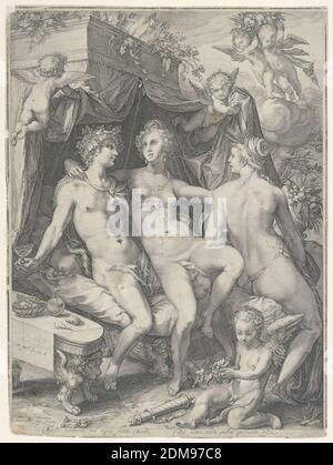 Bacchus, Venus, and Ceres, Hendrik Goltzius, Niederlandisch, 1558 – 1617, Jan Saenredam, Niederländisch, 1565 - 1607, auf Papier gravieren, Venus ist sitzend zwischen Bacchus und Ceres vor einem Zelt zu sehen. Amor im Vordergrund., Niederlande, 1600, Print Stockfoto