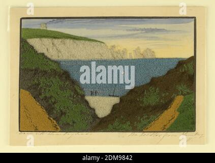 Die Nadeln von Alum Bay, I. W., aktives 19. jahrhundert, Pinsel und Gouache auf Sand, auf Papier geklebt, montiert, Blick auf die Nadeln auf der Insel Wight, über den Solent. Im Vordergrund ist eine tiefe Schlucht zu sehen. Auf der Montierung eingeschrieben, in Tusche: 'Rawn with Alum Bay Sand -- The Needles from Alum Bay / I W.', England und Deutschland, England, 1820–1830, Bild, Bild Stockfoto