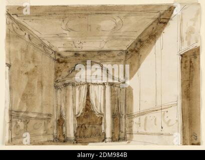 Design for a Bed Alcove, Perspective, Giuseppe Barberi, Italian, 1746–1809, Pen and Brown ink, brush and Brown wash on off-white laid paper, lined, another suggestion for the same Problem resped on 1901-39-1494. Die Höhe der Nische ist wie die eines runden gewölbten Pavillons mit zwei ionischen Säulen und seitlich zwei Pilastern, die die Entablaturen unterstützen. Vorhänge in den drei Eingängen. Die Wand hinter dem Dach ist gerade. Im Vordergrund, rechts, ist ein Teil einer Tür des Raumes. Die Dekoration der Wände und der Decke ist umrissen. Das Zimmer hat einen Dado Stockfoto