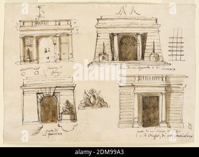 Vier Tore, Giuseppe Barberi, italienisch, 1746–1809, Feder und braune Tinte, Pinsel und braune Wäsche auf cremefarbenem Büttenpapier, obere Reihe: Ausschnitt eines Dado; Ornament. Zweite Reihe: Erhebung des Tores des Palastes. Gewölbte Türöffnung flankiert von Wandpaneelen und dorischen Säulen. Statuen und Reliefs sollen die Tafeln schmücken. Balustrade oben. Erhebung eines Tores eines Gefängnisses. Die Türöffnung befindet sich in der Rückwand eines Vestibüls, der von zwei dorischen Säulen und flankierenden Pylonen davor umrahmt wird. Gekreuzte Balken. Unten: Höhe des Tores für die Kaserne. Die Türöffnung wird von Wandpaneelen flankiert Stockfoto