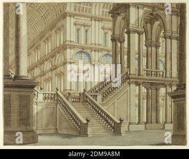 Bühnenbild; Schlosshof mit Treppe, Stift und brauner Tinte, braun, blau und grau auf Papier, Horizontales Rechteck: Treppe von rechts nach links über einen Winkel zu einem Portikus, große Säle im Hintergrund., Italien, 18. Jahrhundert, Architektur, Zeichnung Stockfoto