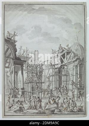 Arbeiter bauen Arkaden, Stift und Bistre und grau waschen auf Papier, Arbeiter bauen Arkaden, möglicherweise für ein Theater-Set. Arbeiter auf Gerüsten um Arkaden sind mit Mauerwerk, Bildhauerei und dem Aufziehen eines riesigen Steins mit einer Winde beschäftigt. Kuppeln Gebäude im Hintergrund. Einige Figuren sind in türkischer Kleidung., Italien, ca. 1740, Architektur, Zeichnung Stockfoto