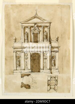 Erhebung einer Kirche, Giuseppe Barberi, italienisch, 1746–1809, Feder und braune Tusche, Pinsel und braune Wäsche auf liniertem, cremefarbenem Büttenpapier, Rom, Italien, 1746-1809, Architektur, Zeichnung Stockfoto