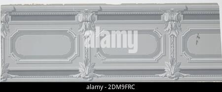 Dado, maschinenbedruckt auf Endlospapier, Dado mit Einsätzen. Formteile bilden horizontale Rechtecke mit abgerundeten Ecken. Zwischen ihnen Pilaster mit gerollten Kapitellen. Zierleiste oben und unten. Gedruckt in Blaugrau., England, 1870–86, Wallcoverings, Dado Stockfoto