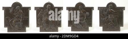 Vier Kontinente, Bronze, Alle Reliefplaketten rechteckig mit gewölbten Spitzen und Projektionen an der Seite, wahrscheinlich gemacht, um in einen bestimmten Rahmen oder ein Möbelstück passen., (A) Asien sitzend mit einer gadrooned Lampe in der einen Hand und einem grünen Zweig in der anderen, Ein Kamelkopf kommt auf der linken Seite; (b) Europa, sitzend ein Füllhorn von Obst und Weizen über einem Helm, auf der einen Seite, der andere Arm um ein Tempietto ein Pferd Kopf oben, und mit Bischof Mitra vor und mit Kanal und Becken unten, Und unter ihren Füßen eine klassische Büste auf Büchern, eine Palette und Pinsel über einer Blockflöte oder Flöte Stockfoto