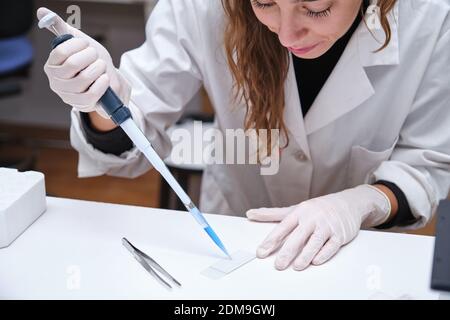 Junge Wissenschaftlerin bereitet Proben vor, um sie in einem Labor durch ein Mikroskop zu betrachten. Laborforschungskonzept. Stockfoto