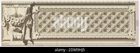 Dado, Delicourt et Cie, französisch, 1838 - 1860, Blockdruck auf handgeschöpftem Papier, realistisch gerenderte architektonische Formteile und Ornamente, darunter eine eingearbeitete Kassettenplatte und ein von Volute hängend aufgehängter Blumenschwamm. Gedruckt in Grisaille., Paris, Frankreich, ca. 1855, Wallcoverings, Dado Stockfoto