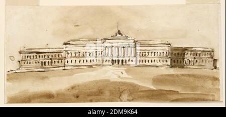 Palasthöhung, Giuseppe Barberi, italienisch, 1746–1809, Feder und braune Tusche, Pinsel und braune Wäsche auf liniertem, cremefarbenem Papier, fünf Abschnitte, paarweise vom zentralen entfernt. Zwei Stockwerke. Im mittleren Bereich befinden sich fünf Türen zwischen Fensterpaaren im Erdgeschoss und einer Kolonnade im obersten Stockwerk. Türen sind auch in den äußeren Abschnitten., Rom, Italien, 1792, Architektur, Zeichnung Stockfoto