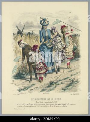 Fashion Plate von Le Moniteur de la Mode, E. Gailland, französisch, aktiv 19. jh., Jules David, französisch, 1808 - 1892, Abel Goubaud et Fils, französisch, aktiv 19. jh., Gravur, Pinsel und Aquarell auf Papier, EINE Frau und vier Kinder jagen Schmetterlinge auf Wiesen. Eine Windmühle dahinter, links. Namen und Datum von Künstlern und Verlegern unten. Beschreibung auf verso., England, 1884, Print Stockfoto