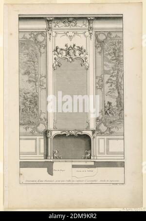 Teller 4, Decoration de Cheminée pour un Grand Apartement, Jacques-François Blondl, französisch, 1705 - 1774, Jean Mariette, 1660–1742, Gravur auf Papier, EIN Kaminsims, leicht vorstehend mit einem Spiegel darüber. Oberer Teil des Rahmens mit Rollwerk, Frauenmaske und zwei Vögeln verziert. Wandteppiche schmücken die angrenzende Täfelung. Unten, Profil der Wandleiste mit Legende. Beschriftet am unteren Rand: 'Decoration d'une Cheminée, pour une Salle ou Cabinet d'assemblée, tendu de tapisserie'; unten rechts: 'Mariette excudit'; oben links: 4'., Frankreich, ca. 1727, Drucken Stockfoto