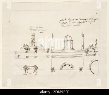 Design for a Table Centerpiece, Giuseppe Barberi, italienisch, 1746–1809, Feder und braune Tusche, Pinsel und braune Wäsche auf liniertem, cremefarbenem Papier, 'resser', Tischmittelstück für die Familie Altieri., Rom, Italien, 1790-1795, Metallarbeiten, Zeichnung Stockfoto