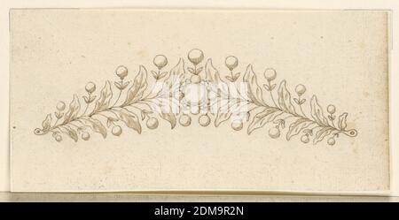 Design für einen Coronet, Stift und Tinte, Pinsel und Sepia waschen auf Papier, Horizontal Rechteck. Design für eine kleine Corwn oder Tiara. In der Mitte konvergieren zwei Zweige, die jeweils abwechselnd auf einer Seite einen Stamm mit zwei Blättern und einer runden Perle und einem Blatt und umgekehrt bilden. In der Mitte ein runder Diamant mit einem Rahmen aus einer Reihe von kleinen runden Diamanten mit größeren in Form eines Kreuzes., Italien, Mitte des 19. Jahrhunderts, Schmuck, Zeichnung Stockfoto