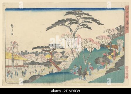 Genießen Sie die natürliche Landschaft, Ando Hiroshige, japanisch, 1797–1858, Holzschnitt in farbiger Tinte auf Papier, Diese Frühlingsszene zeigt ein traditionelles Frühlingswochenende mit Menschen, die die Kirschblüten genießen und einen Tempel besuchen. Besucher schlängeln sich durch die Gärten, die Hänge hinauf und um einen buddhistischen Tempel herum. Andere Menschen werden gemächlich flanieren und die natürliche Landschaft genießen gezeigt. Hiroshige balanciert die Szene mit seiner Architekturlandschaft, kontrastierende Farben, die gleichmäßig verteilt sind., Japan, 1797-1858, Landschaften, Drucken Stockfoto