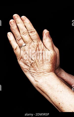Eine alte Frau im Gebet. Betende Hände einer alten Frau Stockfoto