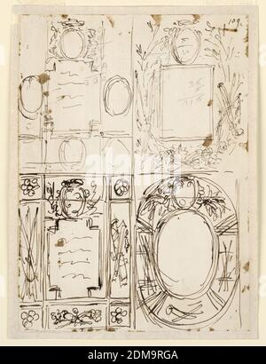 Vier Entwürfe für den Rahmen einer Tafel, Giuseppe Barberi, italienisch, 1746–1809, Stift und braune Tinte, Graphit auf cremefarbenem Papier, auf cremefarbenem Papier montiert, liniert, zwei Reihen, Die Skizzen in der oberen mit einem feineren Stift gezeichnet als die unten und teilweise über den mit Bleistift geschriebenen Abrechnungen. Obere Reihe, links: Oben ein Prälatenesschnitt, drei weitere neben und unter der inneren Tafel. Rechts: Die innere längliche wird von gekreuzten Ästen eingerahmt, mit Trophäen, seitlich davor. Über dem Escutcheon. Untere Reihe, links, befindet sich das Escutcheon oben auf dem inneren Tablett. Stockfoto