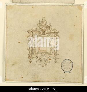 Design für Anhänger mit Laurel Ästen, Stift und Tinte, Pinsel und Aquarell auf Papier, EIN kleiner runder Diamant umrahmt von zwei Lorbeer Ästen, mit einem Knoten unten und zwei Halbfiguren von geflügelten Frauen mit Volutenbeinen. Unten zwei Rosetten mit einem Festoon. Oben ein Ring., Italien, 16. Jahrhundert, Schmuck, Zeichnung Stockfoto