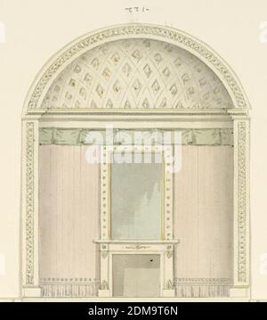 Wall Elevation with Fireplace, Frederick Crace, Englisch, 1779–1859, Graphit, Stift und schwarze Tinte, Pinsel und Aquarell auf Wovpapier, Vertikales Rechteck. Wandhöhe mit Kaminmitte, Spiegel darüber, Volance und gewölbter Kassettendecke., 1815–22, Innenräume, Zeichnung Stockfoto