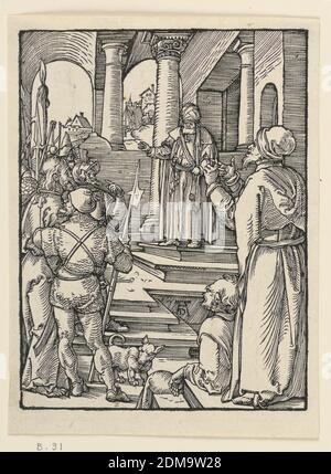 Christus vor Pilatus, aus der Serie der kleinen Passion, Albrecht Dürer, Deutsch, 1471–1528, Holzschnitt auf Papier, Innenraum, mit Pilatus im Hintergrund am Kopf einer Treppe. Christus wird von Soldaten vor ihn gebracht, im linken Vordergrund. Ein Mann, gestikulend, steht rechts. Monogramm von Dürer in der Nähe des unteren Zentrums., Deutschland, ca. 1509–1511, Drucken Stockfoto
