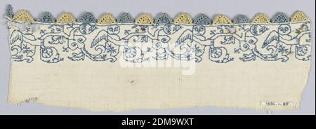 Band, Medium: Leinen, Seidentechnik: Mit Seide bestickt und mit Spitze eingefasst (mit Nadel verknotet Besatz), Weißes Leinen mit Rand Design von Cherubim mit einem großen Rinceau in blauer Seide. Winzige spitze Kante aus blauem und gelbem Leinen 'punto in Aria.', Italien, 16. Jahrhundert, Stickerei & Stitching, Band Stockfoto