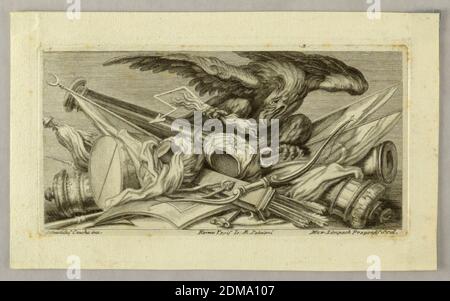 Vignette, Trophäe der türkischen Waffen, Maximilian Joseph Limpach, tschechisch, aktiv in der 1. Hälfte des 18. Jahrhunderts, Sebastiano Conca, italienisch, 1680 - 1764, Gravur auf Papier, ein Adler mit einem Donnerschlag steht auf den Armen., Europa, Rom, Italien, ca. 1720, Drucken Stockfoto