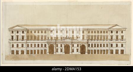 Elevation of a Palace, Giuseppe Barberi, italienisch, 1746–1809, Feder und braune Tinte, Pinsel und braune Wäsche, Graphit, rote Tinte auf liniertem blauweißem Papier, vier Stockwerke. Ein Mittelteil enthält drei Türöffnungen in der Höhe von zwei Stockwerken, wobei in den Intervallen Paare von Fenstern zu sehen sind. In den oberen Stockwerken sind sechs Pilaster. Die seitlichen Abschnitte haben längliche Öffnungen im Erdgeschoss, die rustikal ist, wie auch der zweite Stock. Die Fenster stehen in diesen Abschnitten näher zusammen als anderswo. Die seitlichen Flügel sind leicht überspannt. Sie haben jeweils drei Schächte. Stockfoto