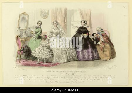 Fashion Plate von Le Journal des dames et demoiselles, Jules David, französisch, 1808 - 1892, J. Bonnard, französisch, aktiv 19. jh., Lamoureux & J. De Beauvais, französisch, aktiv 19. jh., handkolorierte Gravur auf Papier, Fashion Plate von Le Journal des dames et demoiselles, herausgegeben von Lamoureux, Paris., Paris, Frankreich, ca. 1857, Drucken Stockfoto