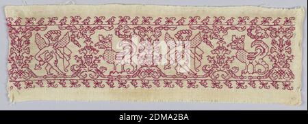 Band, Medium: Seide auf Leinen Technik: Gestickt, Bandfragment mit Amor und Gänsegeim in roter Seide auf Leinen., Italien oder England, 16.–17. Jahrhundert, Stickereien & Stitching, Band Stockfoto