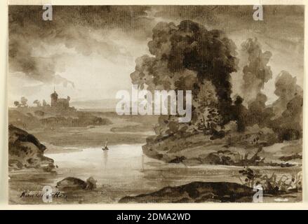 A Landscape, Charles Nicolas Ransonnette, französisch, 1793 - 1877, Graphit, Pinsel und Sepia waschen auf Papier, EIN Bach schlängelt sich durch hügeliges Land. Am rechten Ufer befinden sich Gruppen von Bäumen; ein Gebäude in der linken Mittelebene. Ein Segelboot wird gezeigt. Dunkle Wolken., Frankreich, Paris, Frankreich, 1856, Zeichnung Stockfoto