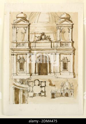 Erhebung einer Kirche, Giuseppe Barberi, italienisch, 1746–1809, Feder und braune Tusche, Pinsel und braune Wäsche auf liniertem, cremefarbenem Büttenpapier, Rom, Italien, 1780-1783, Architektur, Zeichnung Stockfoto