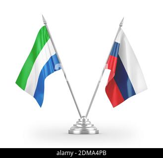Russland und Sierra Leone Tischflaggen isoliert auf weißem 3D Rendering Stockfoto